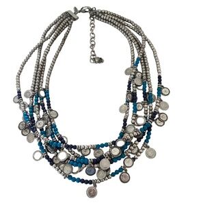 Chico's Boho multi strand silver tone blue draped necklace dangling turquoise